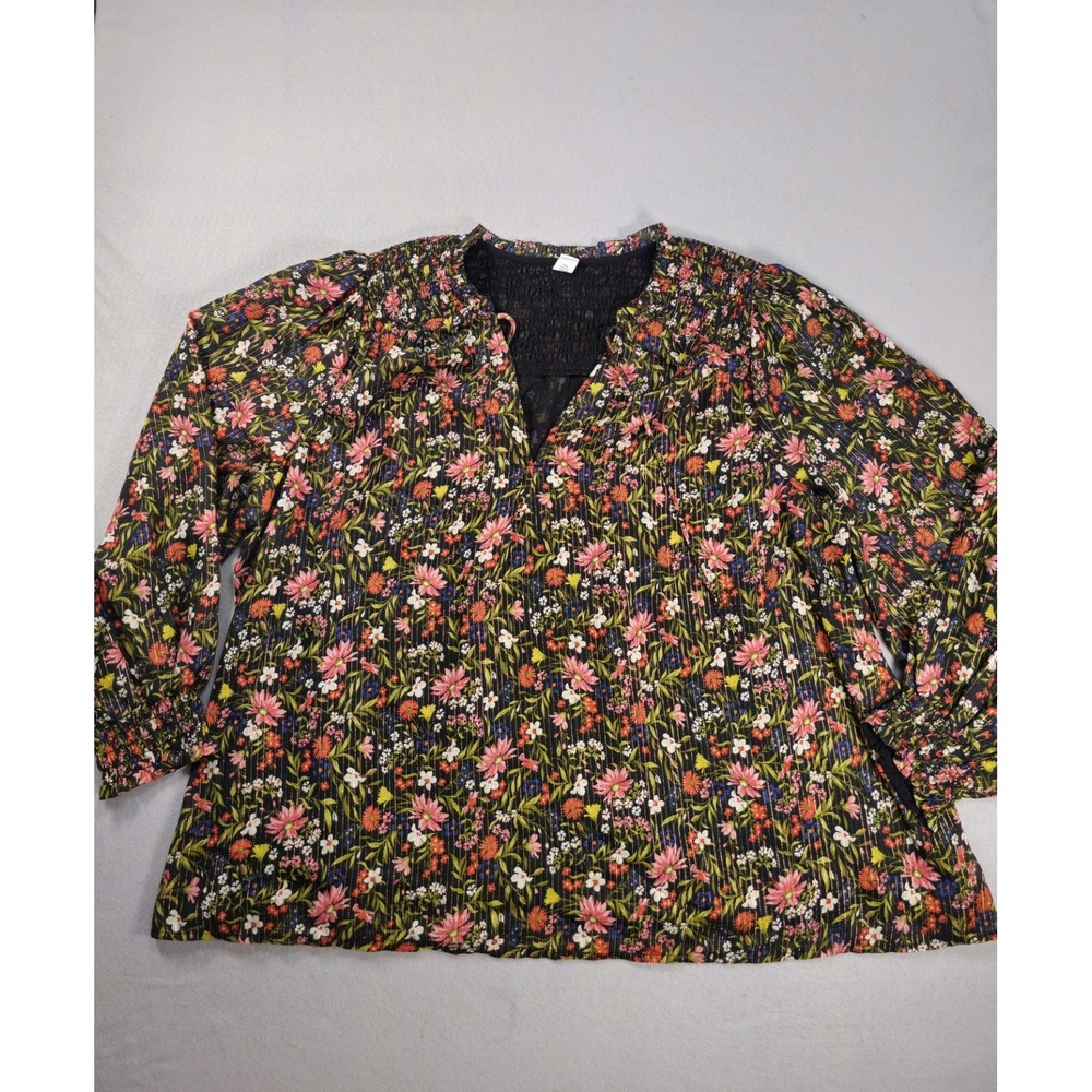 Old Navy Smocked Floral Shine Blouse Womens 2X Black Metallic Boho Peasant